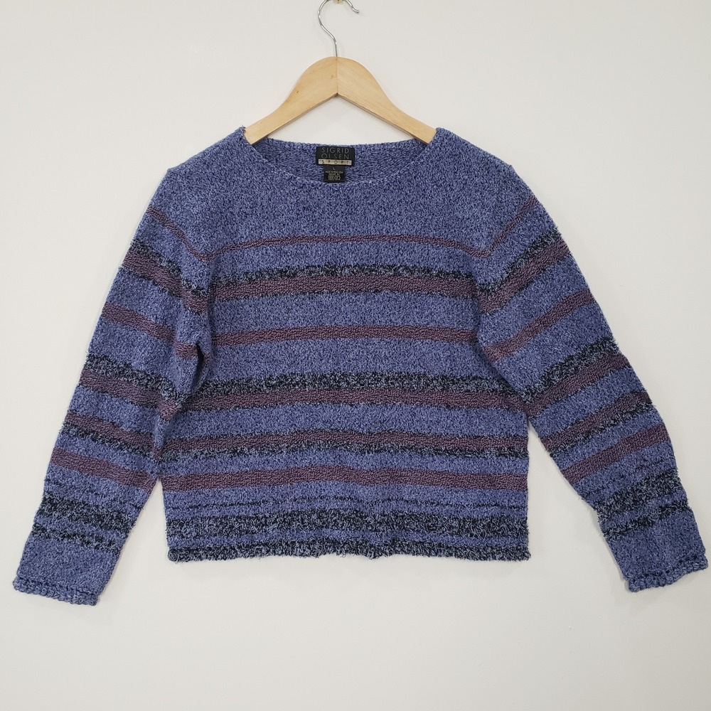 Sigrid Olsen Sport Sweater Womens‎ Large Blue Striped Textured Knit Vintage 90s